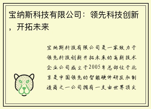 宝纳斯科技有限公司：领先科技创新，开拓未来